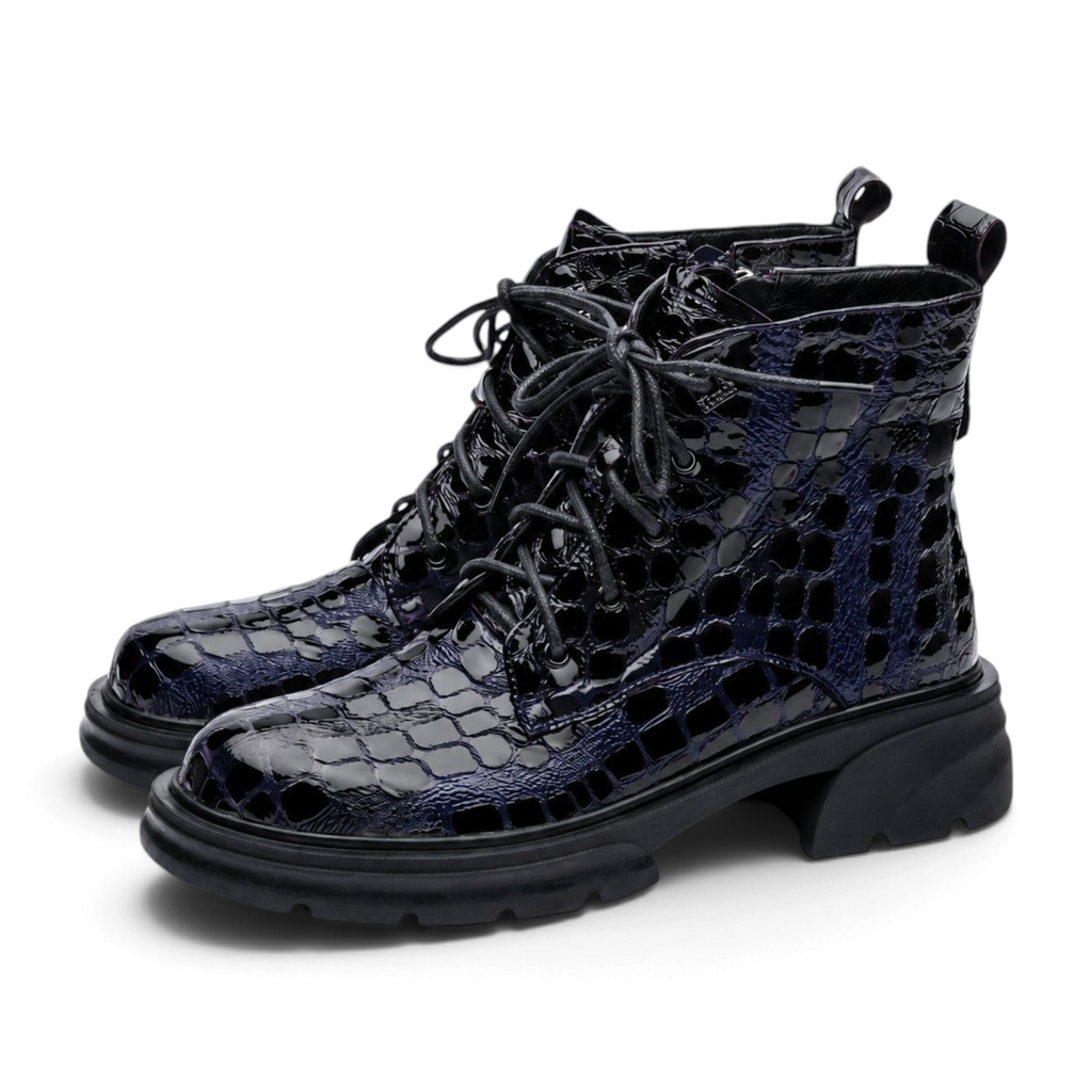 ShoeShop Uncle Paul MARIA women's navy patent leather lace-up ankle boots with a crocodile texture and chunky sole.