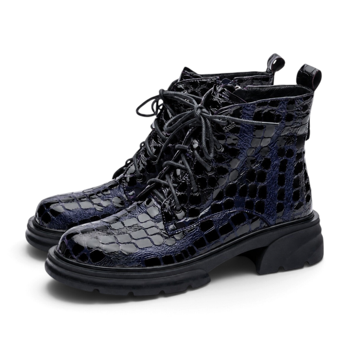 ShoeShop Uncle Paul MARIA women's navy patent leather lace-up ankle boots with a crocodile texture and chunky sole.