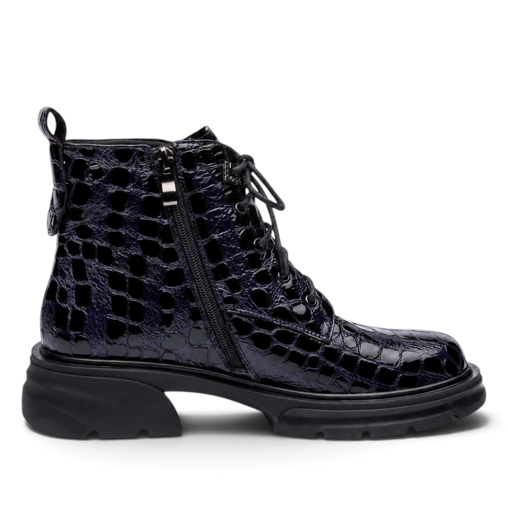 ShoeShop Uncle Paul MARIA women's navy patent leather lace-up ankle boot with a chunky lug sole.