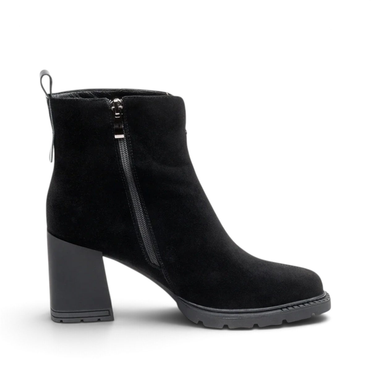 ShoeShop Uncle Paul Minna black suede ankle boots with a 7cm block heel and side zipper closure.