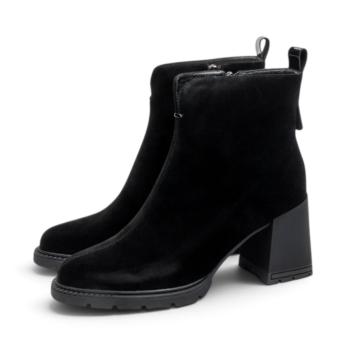 ShoeShop Uncle Paul Minna black suede ankle boots with a 7cm architectural block heel and durable rubber sole.