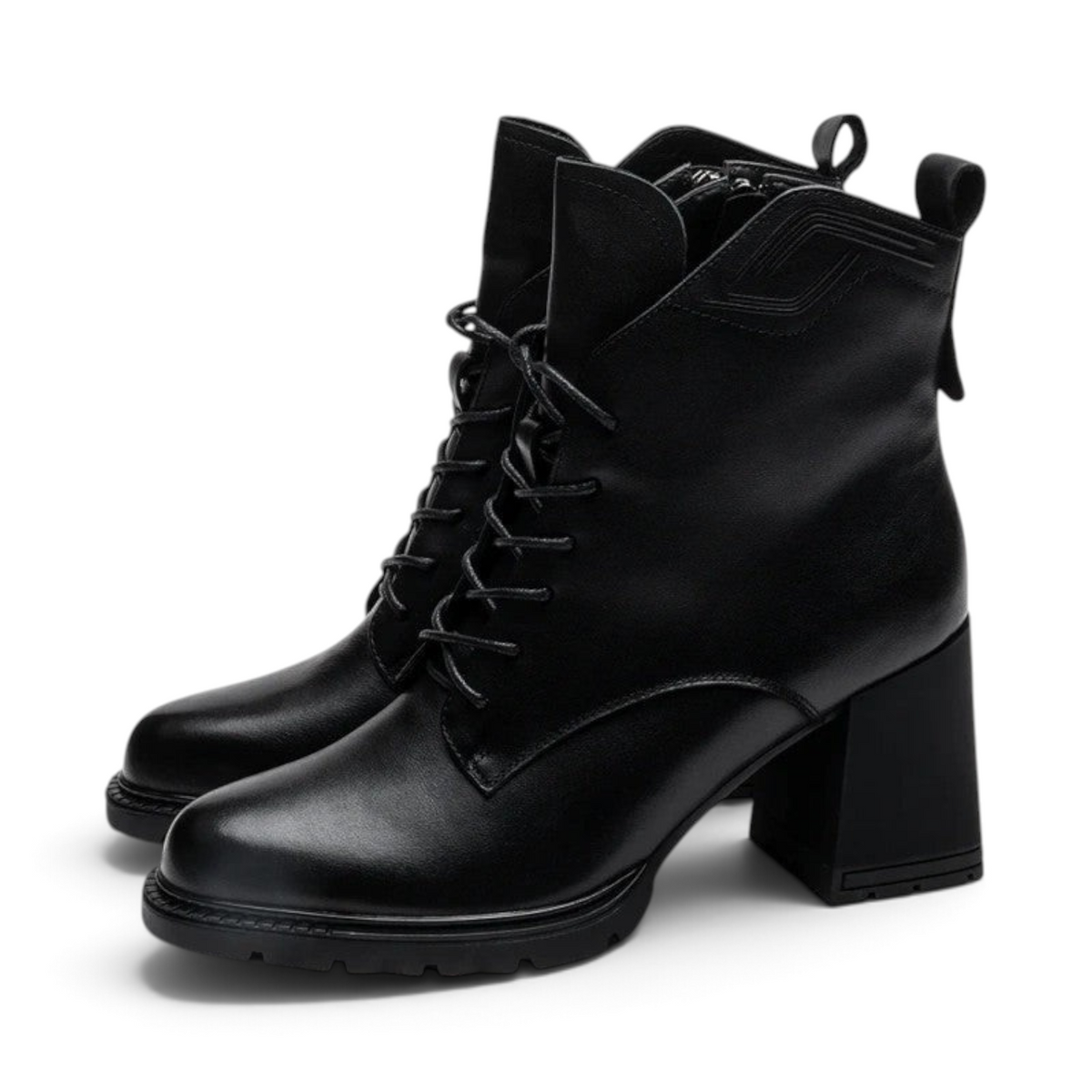 ShoeShop Uncle Paul Mirjam black leather lace-up ankle boots with a 7cm block heel and durable rubber sole.