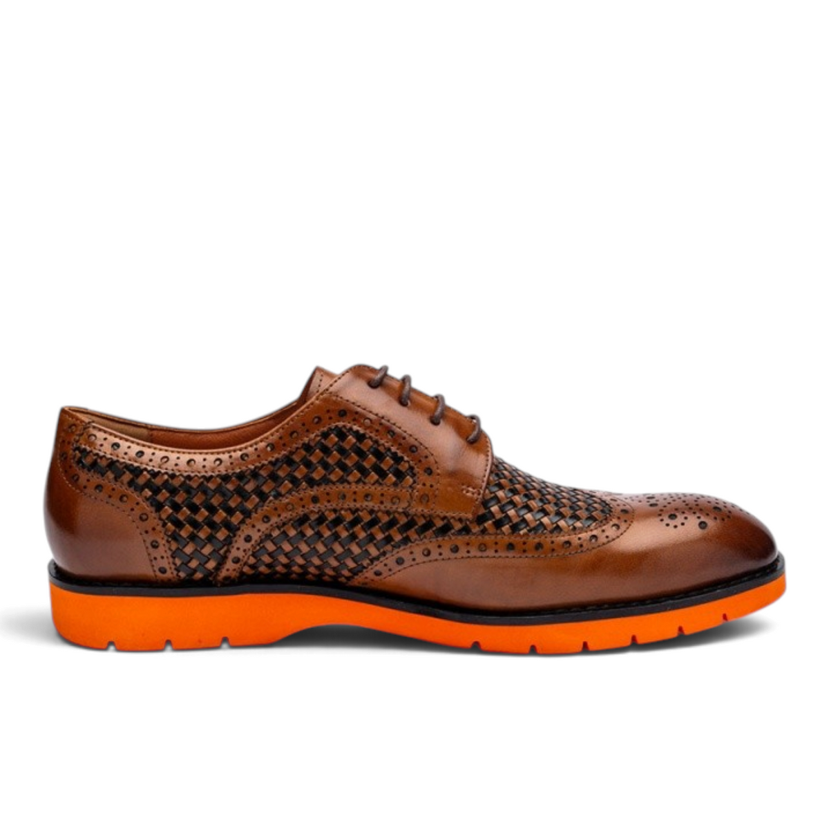 ShoeShop Uncle Paul PEEP brown leather brogue shoes with woven detailing and a vibrant orange rubber sole