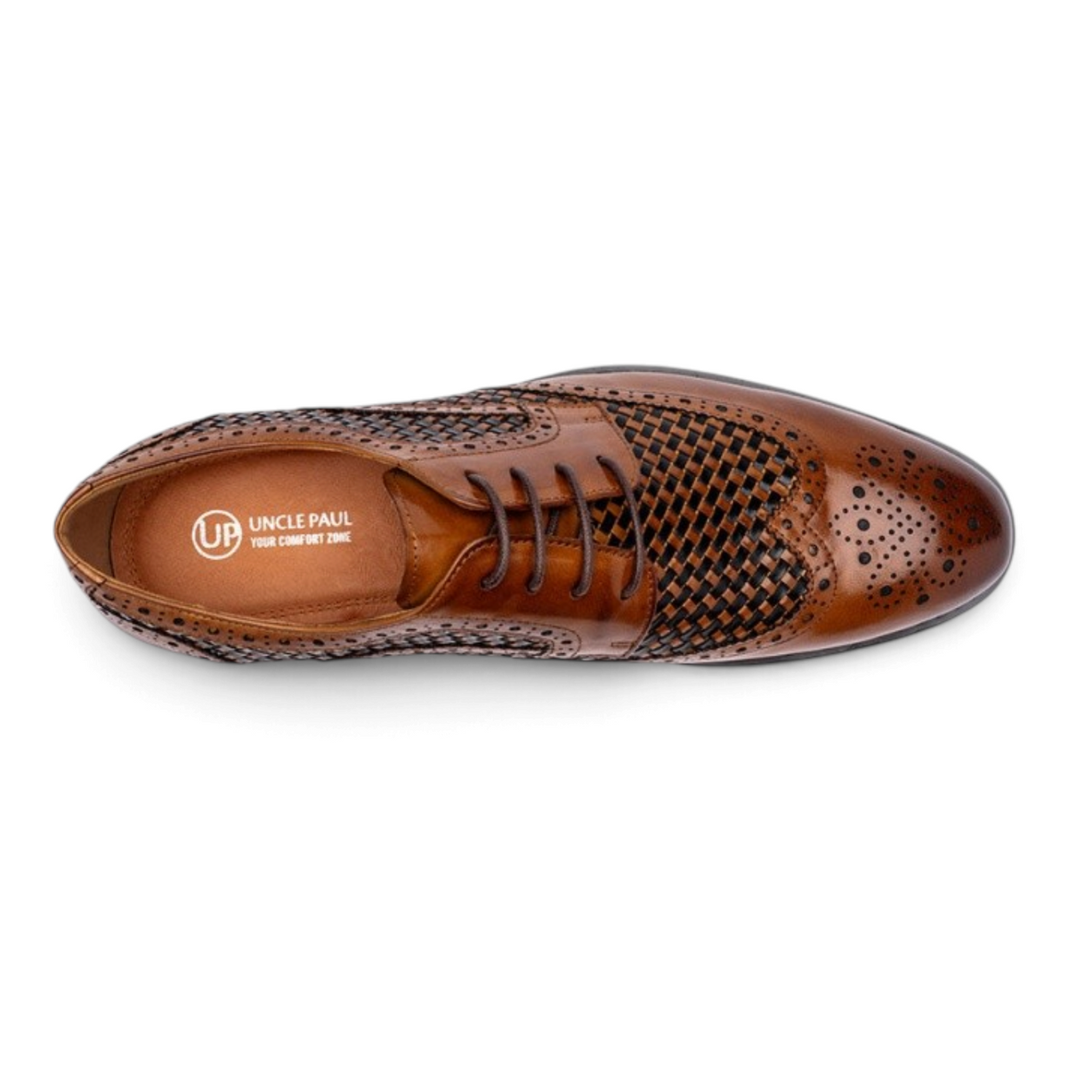 ShoeShop Uncle Paul Peep brown leather brogue shoe with woven detailing and lace-up closure, top-down view.