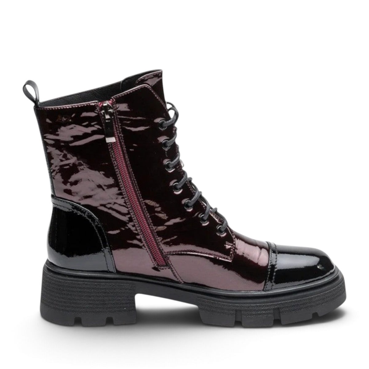 ShoeShop Uncle Paul Ragne burgundy patent leather lace-up ankle boots with a chunky black rubber lug sole.
