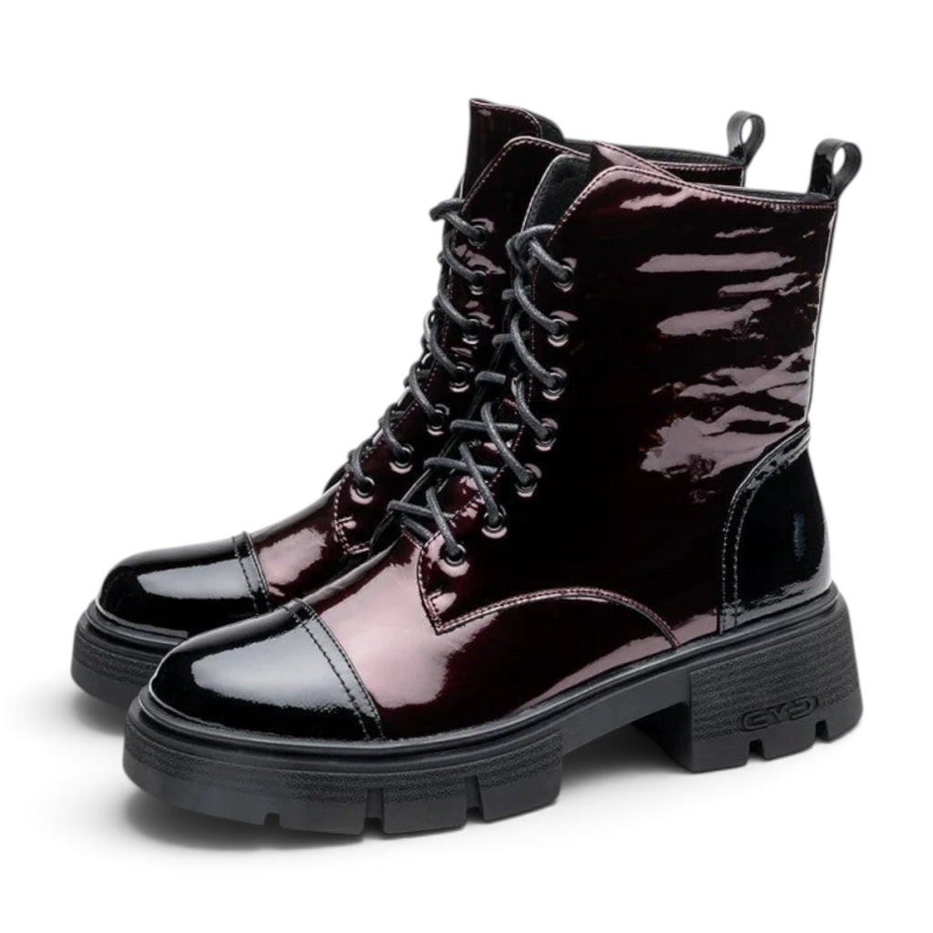 ShoeShop Uncle Paul Ragne burgundy patent leather lace-up ankle boots with a chunky black rubber lug sole.