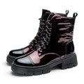 ShoeShop Uncle Paul Ragne burgundy patent leather lace-up ankle boots with a chunky black rubber lug sole.