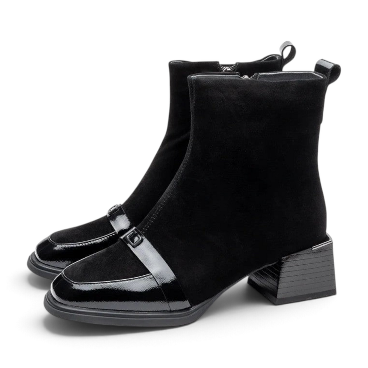 ShoeShop Uncle Paul Selma black suede ankle boots with patent leather accents and a 4.5 cm block heel.