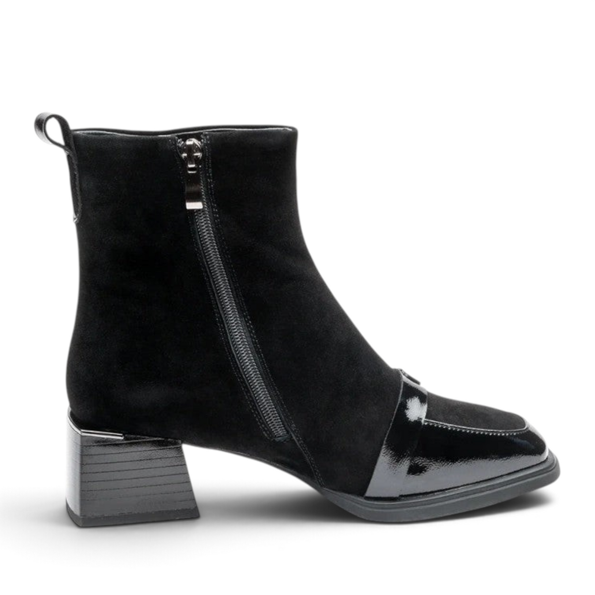 ShoeShop Uncle Paul Selma black suede ankle boots with patent leather toe cap, side zipper, and block heel.