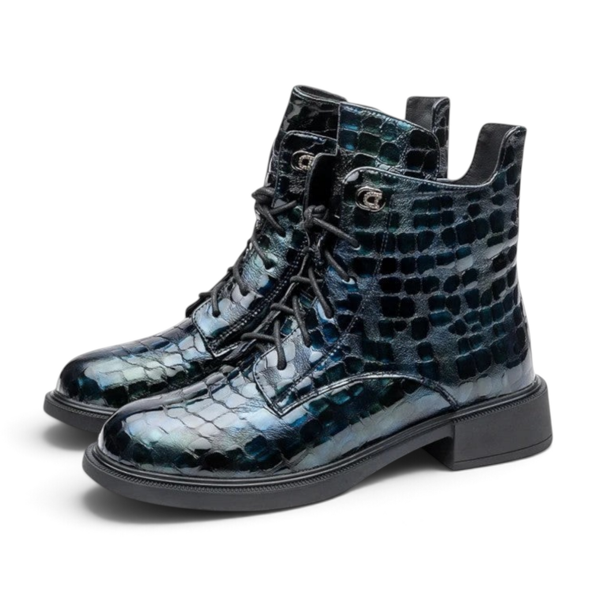 ShoeShop Uncle Paul Signe lace-up boots in petrol blue crocodile-embossed patent leather with a durable rubber sole.