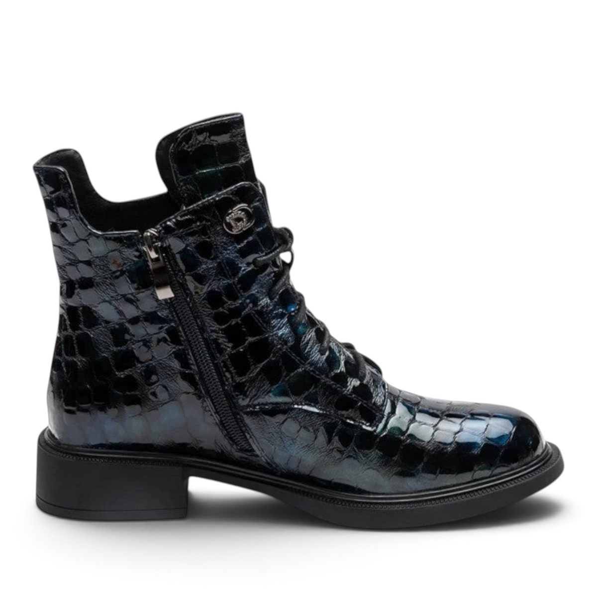 ShoeShop Uncle Paul Signe petrol blue patent leather ankle boots with a crocodile skin texture and lace-up design.