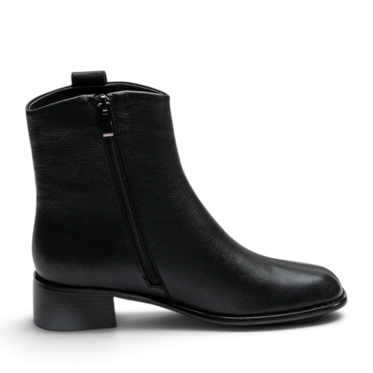 ShoeShop VALVE black leather ankle boots with a side zipper and low block heel