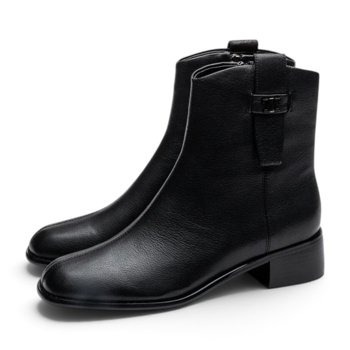 ShoeShop VALVE black leather ankle boots with a side buckle detail and low block heel