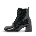 ShoeShop Verona black patent leather lace-up ankle boots with a square toe and block heel