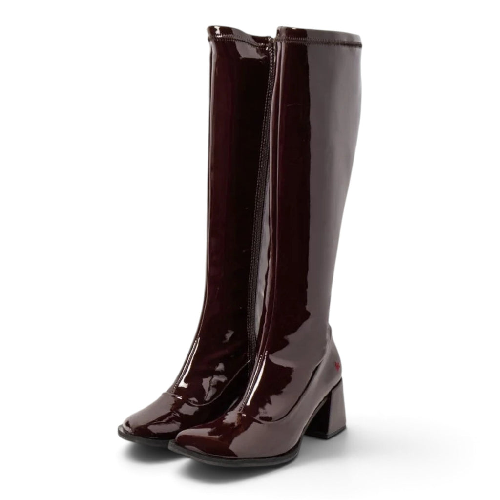 ShoeShop Verona knee-high boots in dark brown patent leather with a 6cm block heel and durable rubber sole