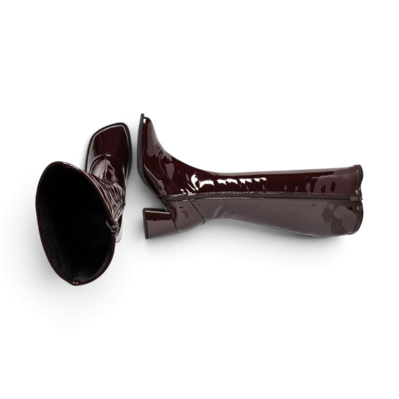 ShoeShop Verona knee-high boots in dark burgundy patent leather with a 6cm block heel and side zipper