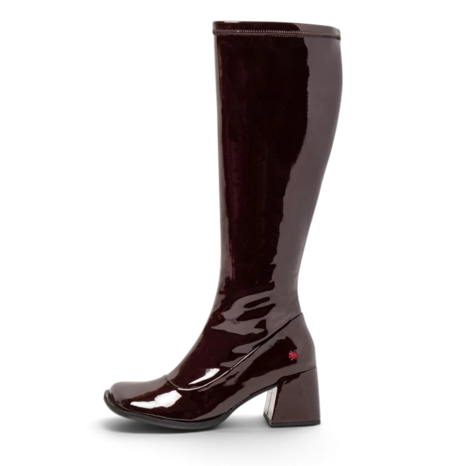 ShoeShop Verona knee-high boots in dark burgundy patent leather with a 6cm block heel and rubber sole.