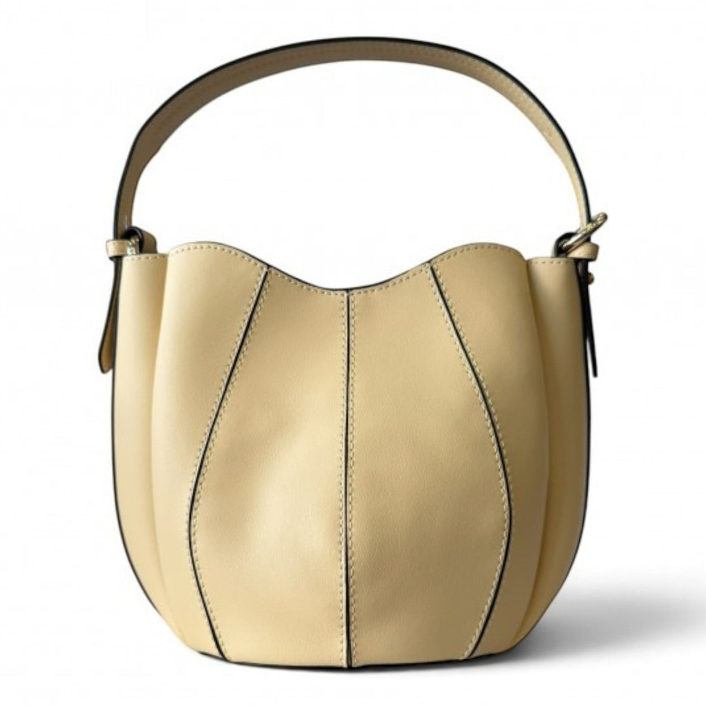ShoeShop W216 cream bucket bag with structured panel design and a single top handle