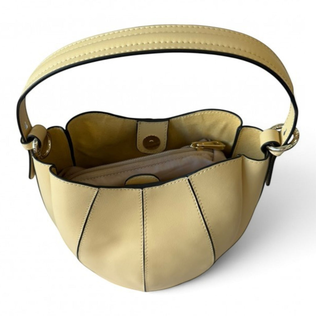 ShoeShop W216 pale yellow hobo handbag with a structured curved design, top handle, and internal zippered pouch