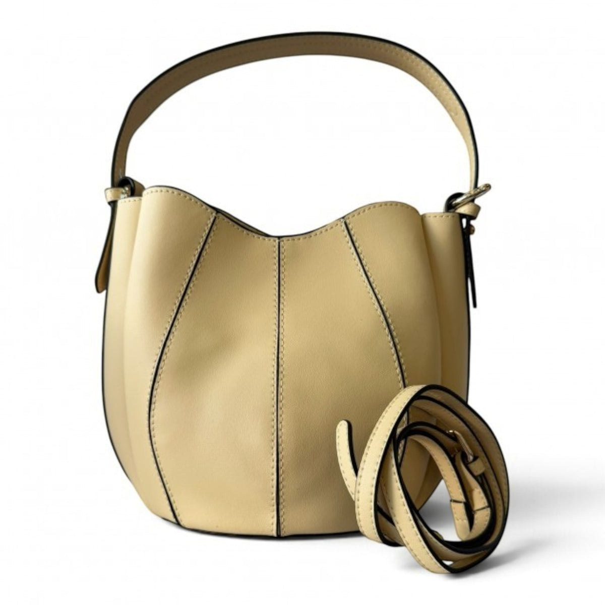 ShoeShop W216 light yellow bucket bag with black trim, top handle, and detachable shoulder strap