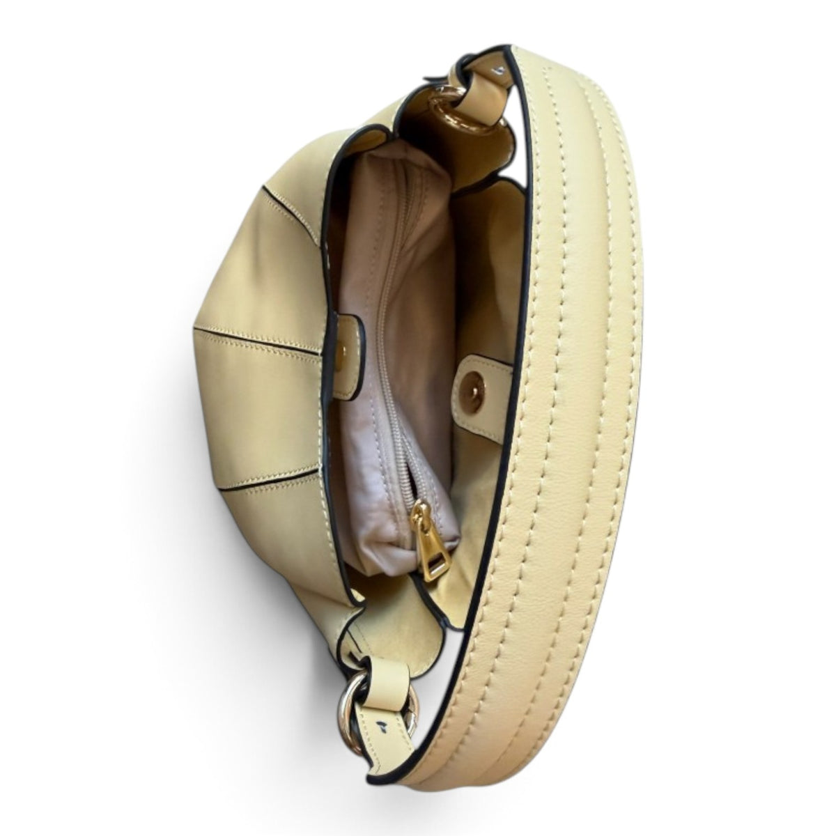 ShoeShop W216 light yellow hobo bag with a top handle, internal zippered pouch, and visible contrast stitching.
