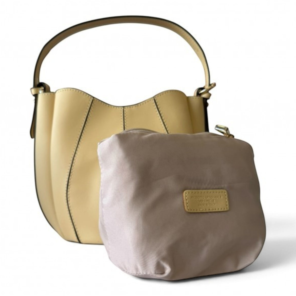 ShoeShop W216 yellow leather hobo bag with a removable beige fabric inner pouch and top handle