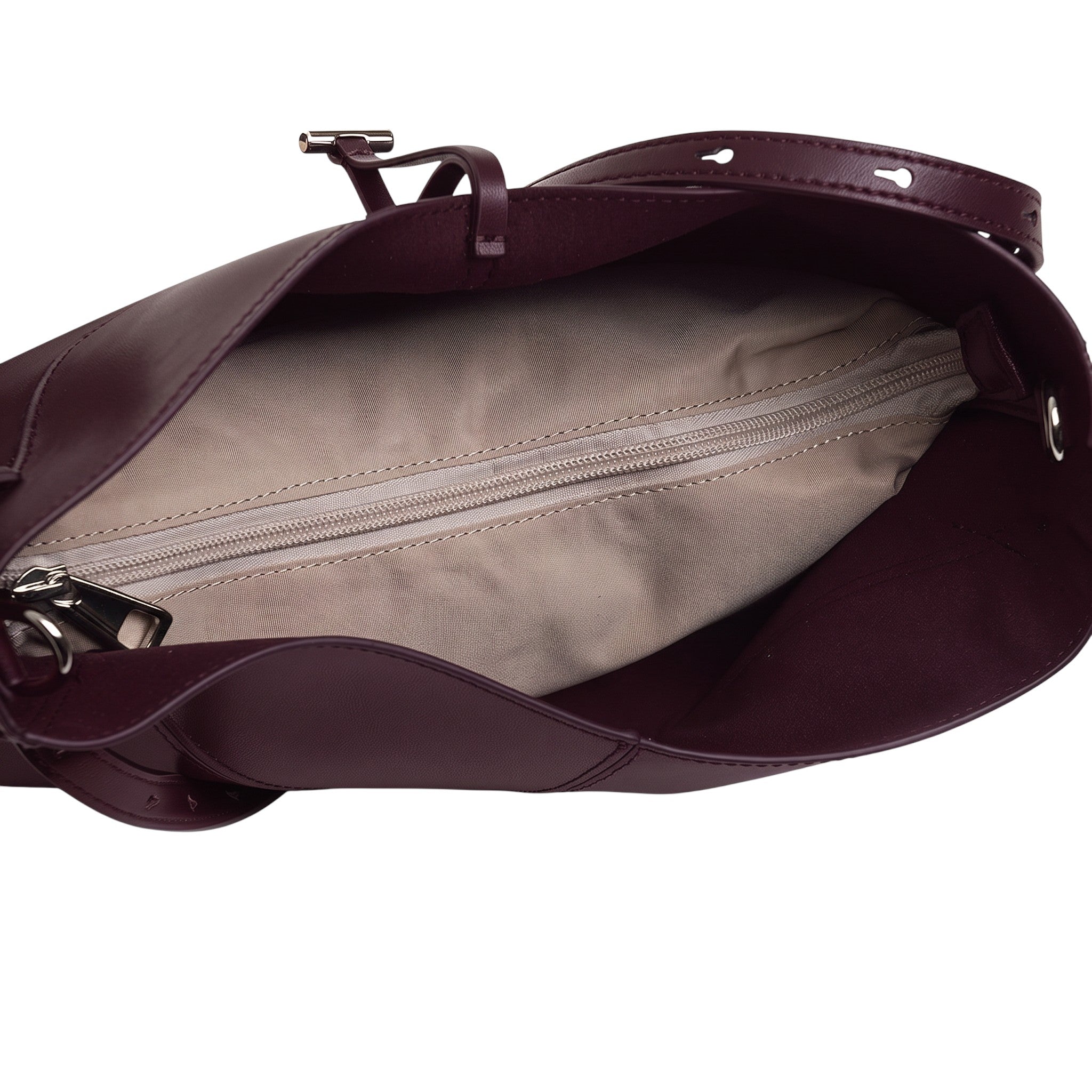 ShoeShop W218 burgundy leather handbag interior with beige fabric lining and a central zippered compartment