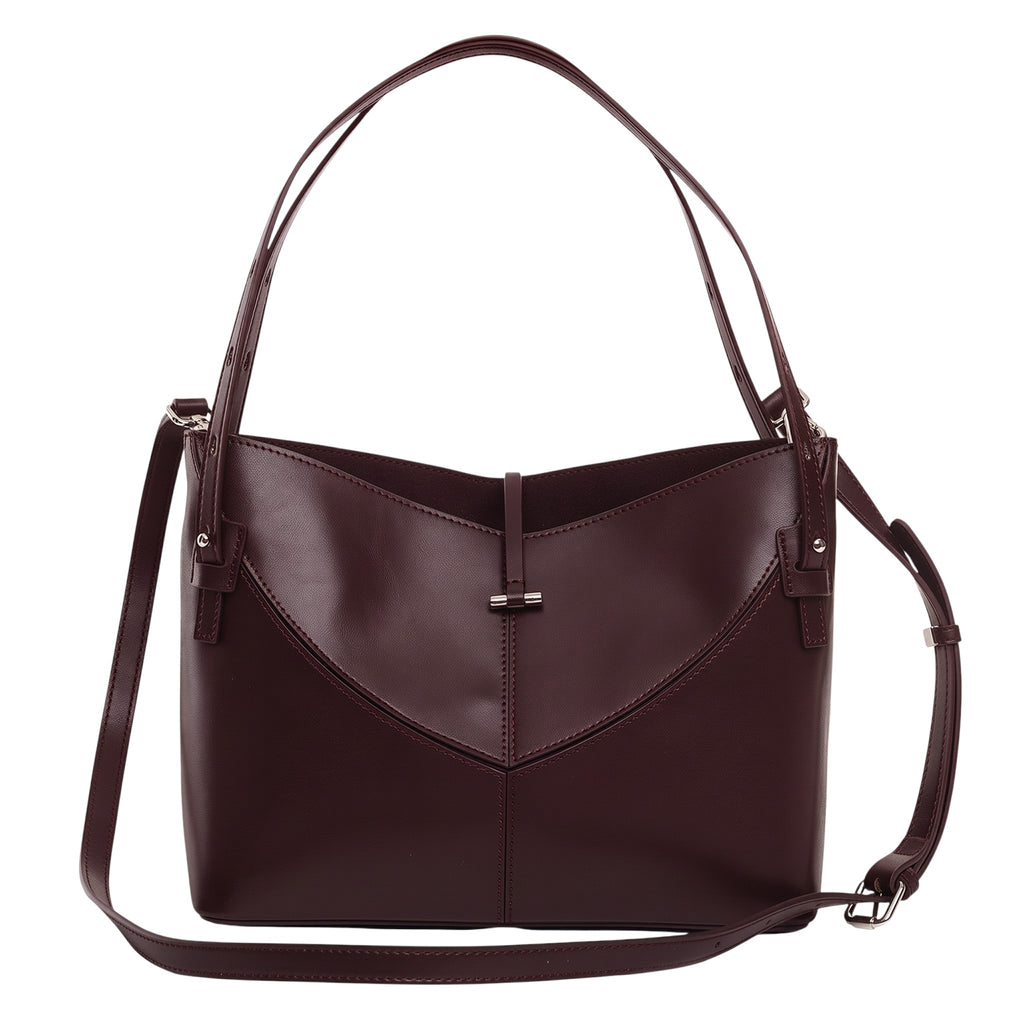 ShoeShop W218 dark burgundy leather handbag with dual shoulder straps and a central metal clasp closure