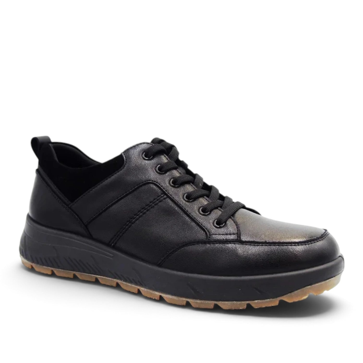 ShoeShop W3109 black leather casual sneakers with lace-up closure and a durable textured rubber sole