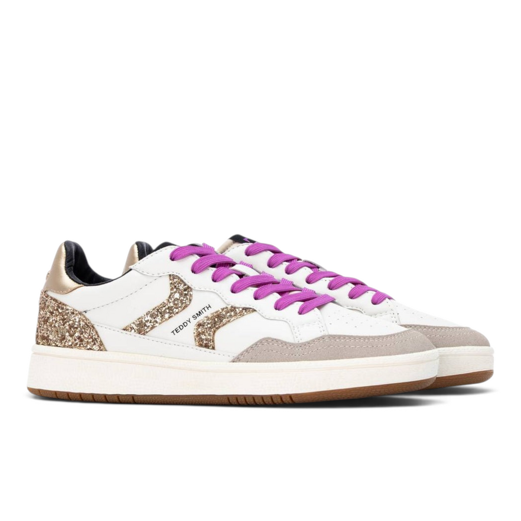 ShoeShop white sneakers with purple laces, gold glitter side panels, and beige suede toe caps on a white background