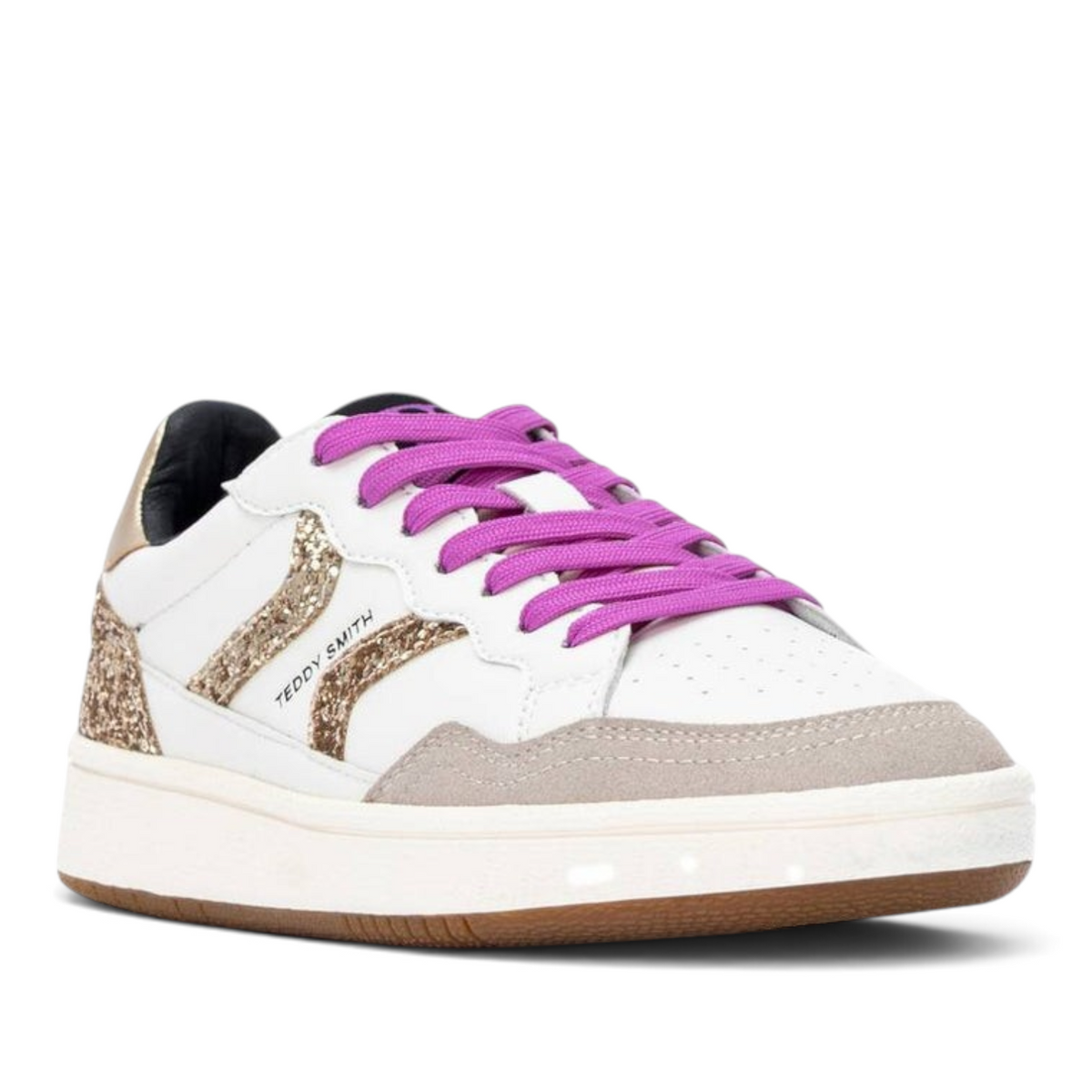 ShoeShop white sneakers with purple laces and gold glitter side panels
