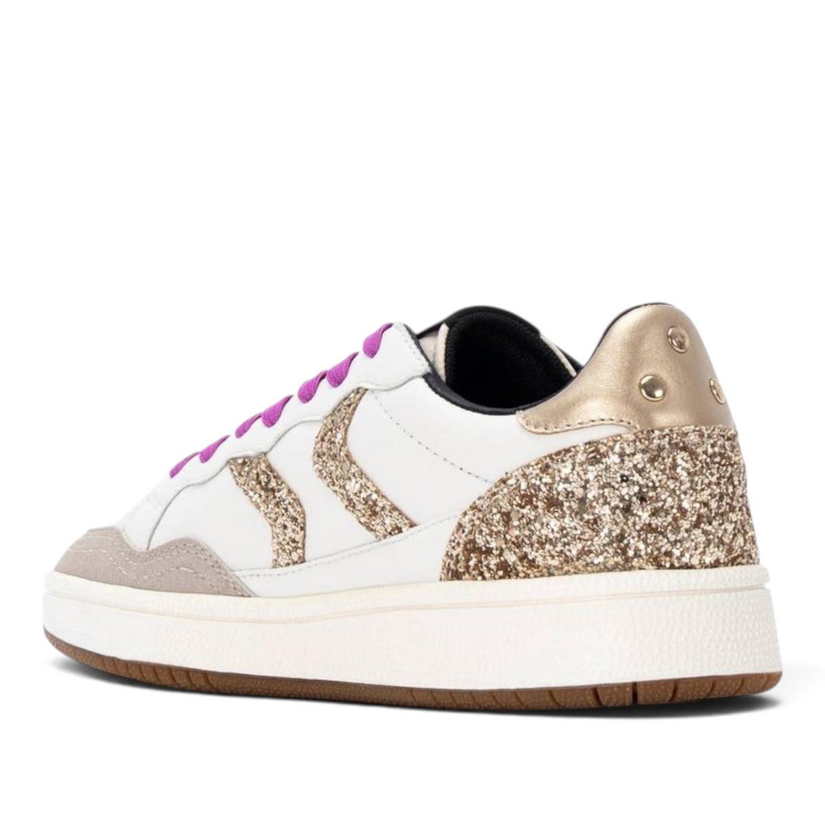 ShoeShop white sneakers with gold glitter panels, metallic heel detail, and bright purple laces