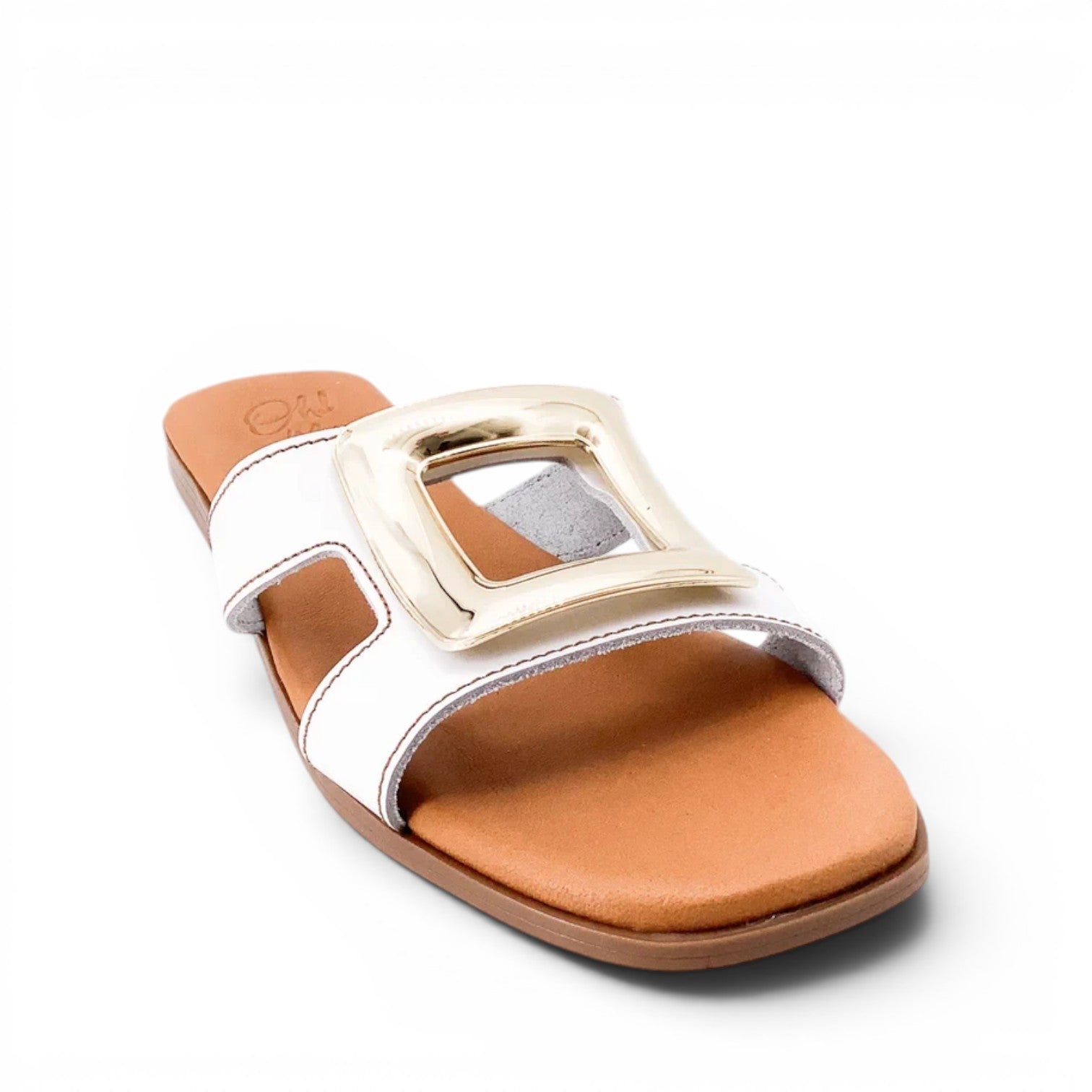 ShoeShop Oh My Sandals 5565 white leather slide sandals with a large gold-tone square buckle detail