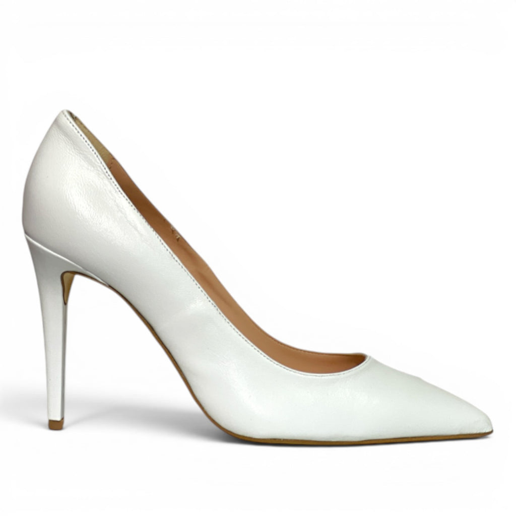 ShoeShop white leather pointed-toe stiletto heels with a 10cm heel height.