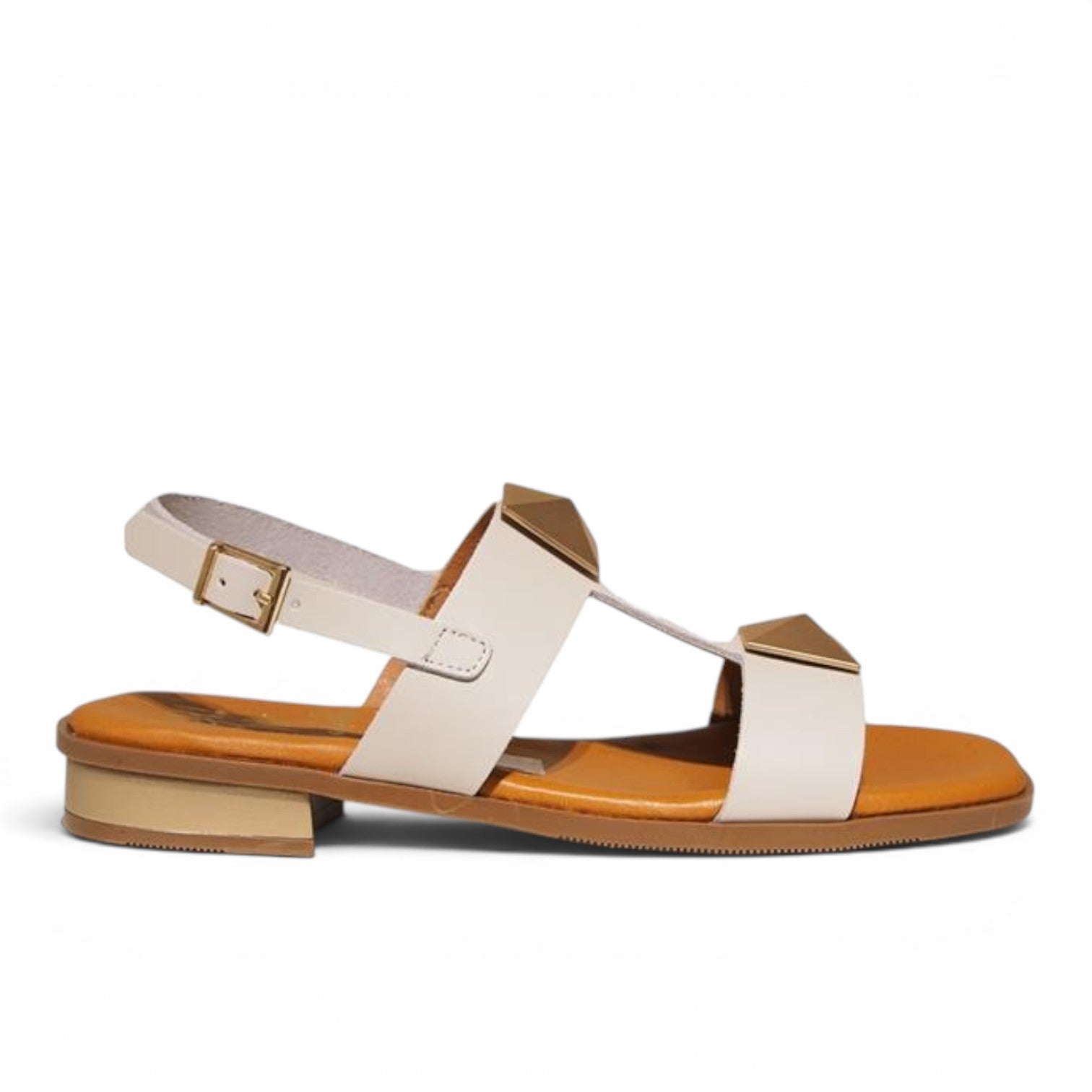ShoeShop Oh My Sandals 5595 in white leather with gold pyramid stud accents and a low block heel