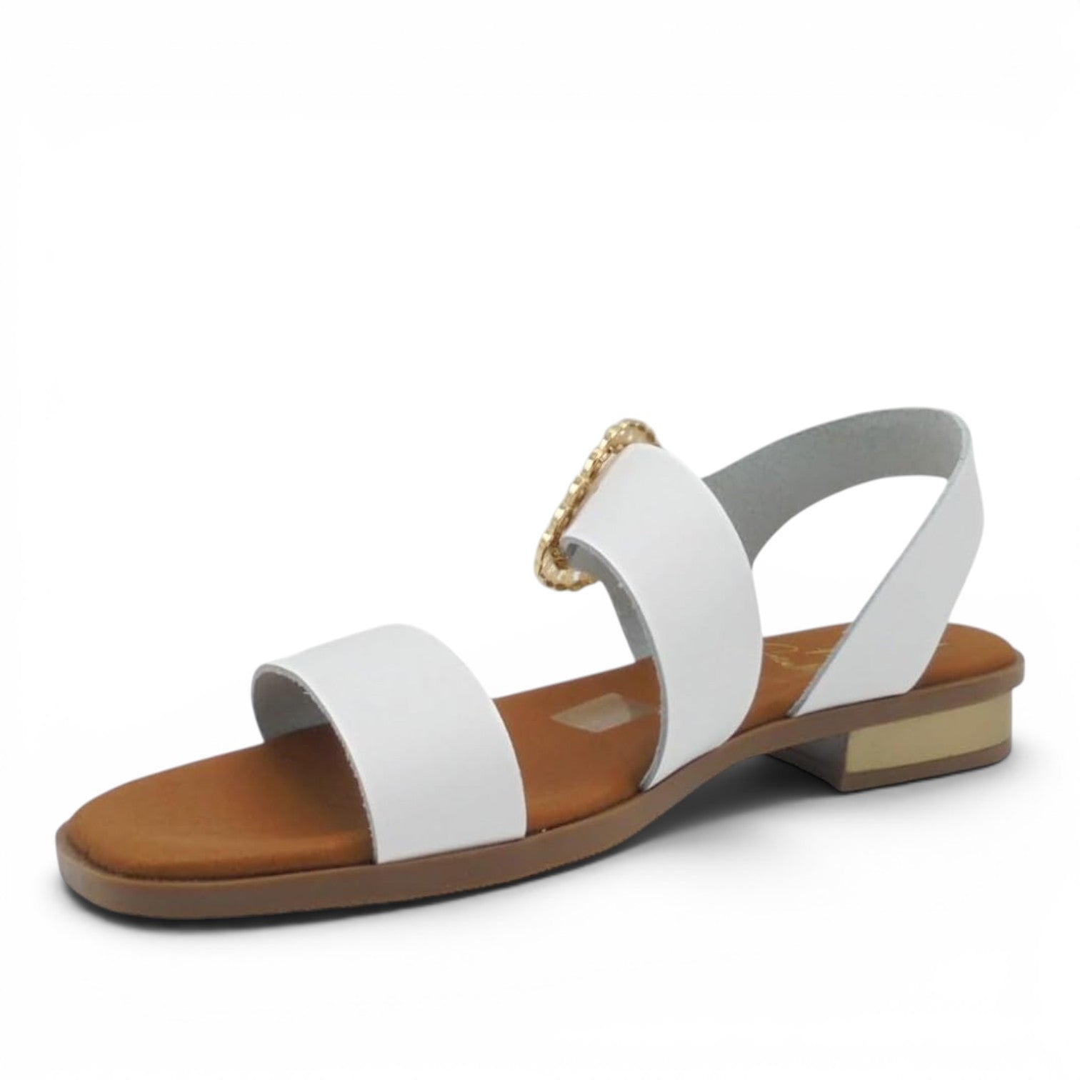 ShoeShop Oh My Sandals 5594 in white leather with a gold decorative buckle and low flat heel