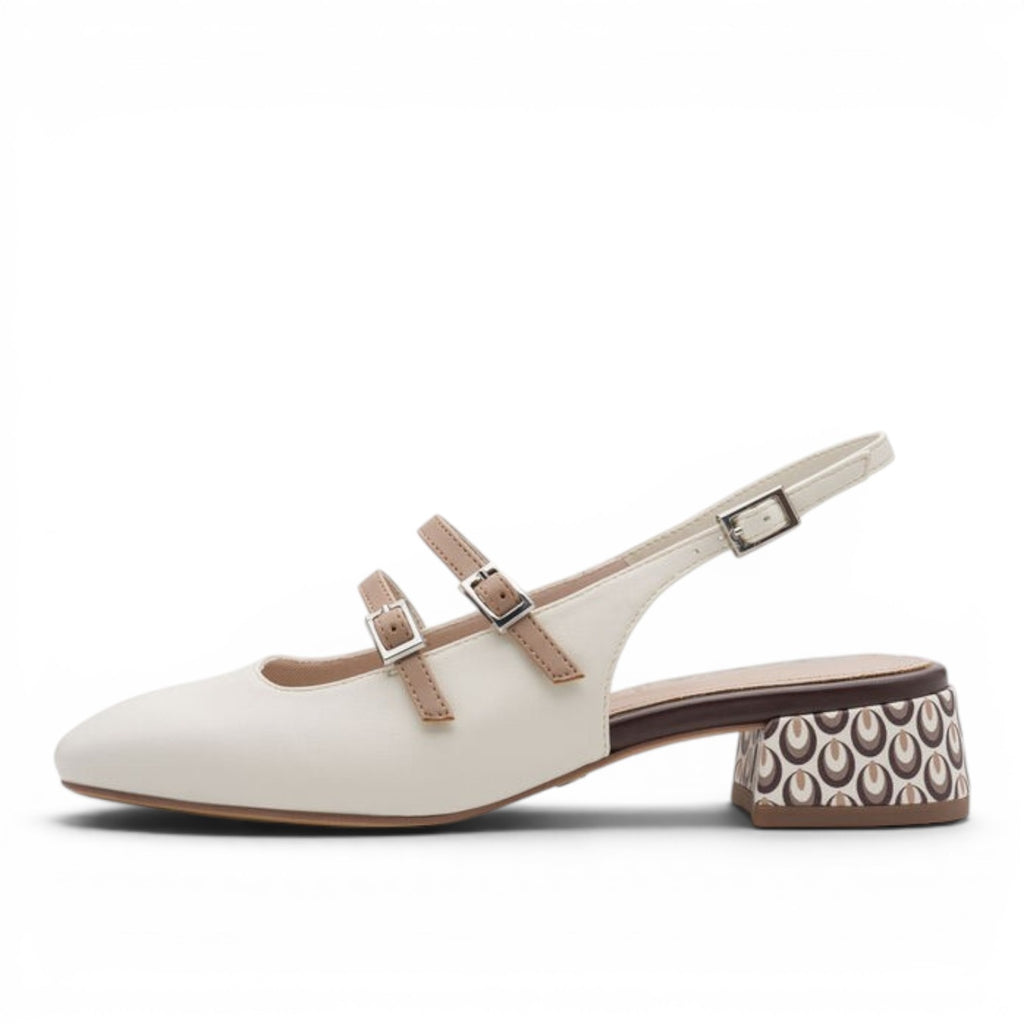 ShoeShop white synthetic slingback heels with double buckle straps and a patterned block heel.