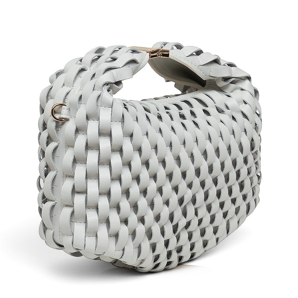 ShoeShop white woven leather handbag with a magnetic closure and detachable shoulder strap