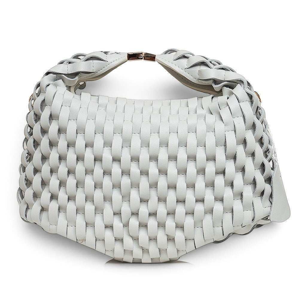 ShoeShop white woven leather handbag with a magnetic closure and detachable shoulder strap