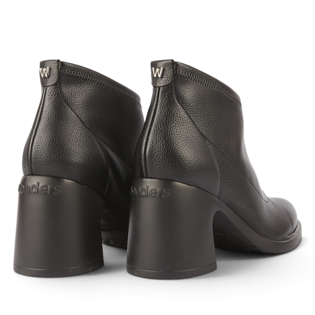 ShoeShop Wonders M-5504 black synthetic ankle boots with 8cm block heels and silver W logo detail on the back