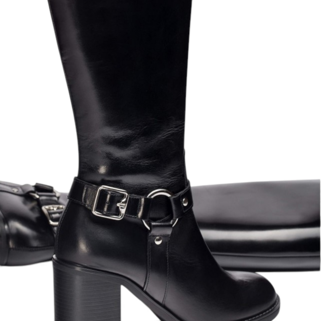 ShoeShop Wonders I-9203 black leather knee-high boots with a block heel and silver buckle strap detail