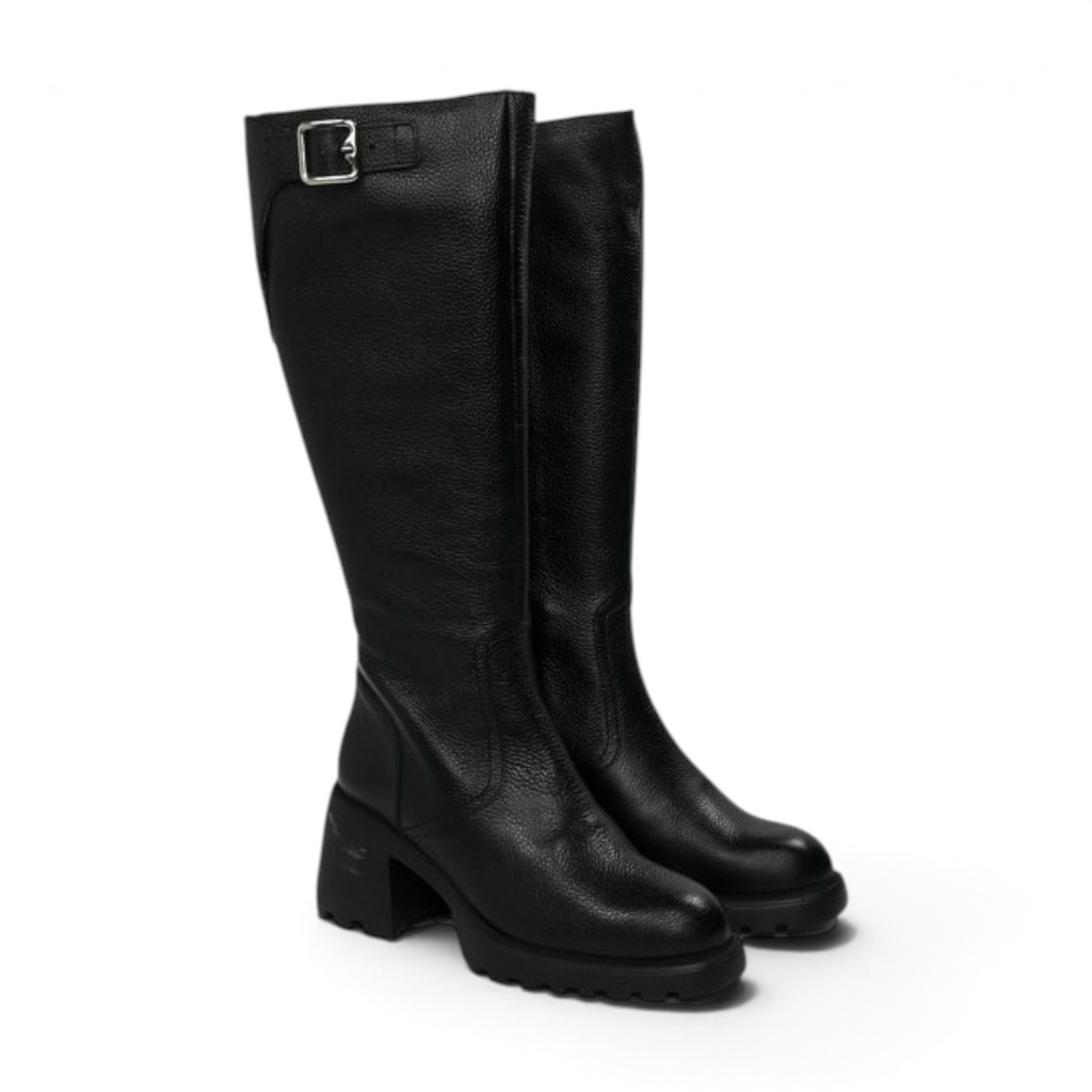 ShoeShop Wonders G-6713 black leather knee-high boots with a side buckle and chunky block heel