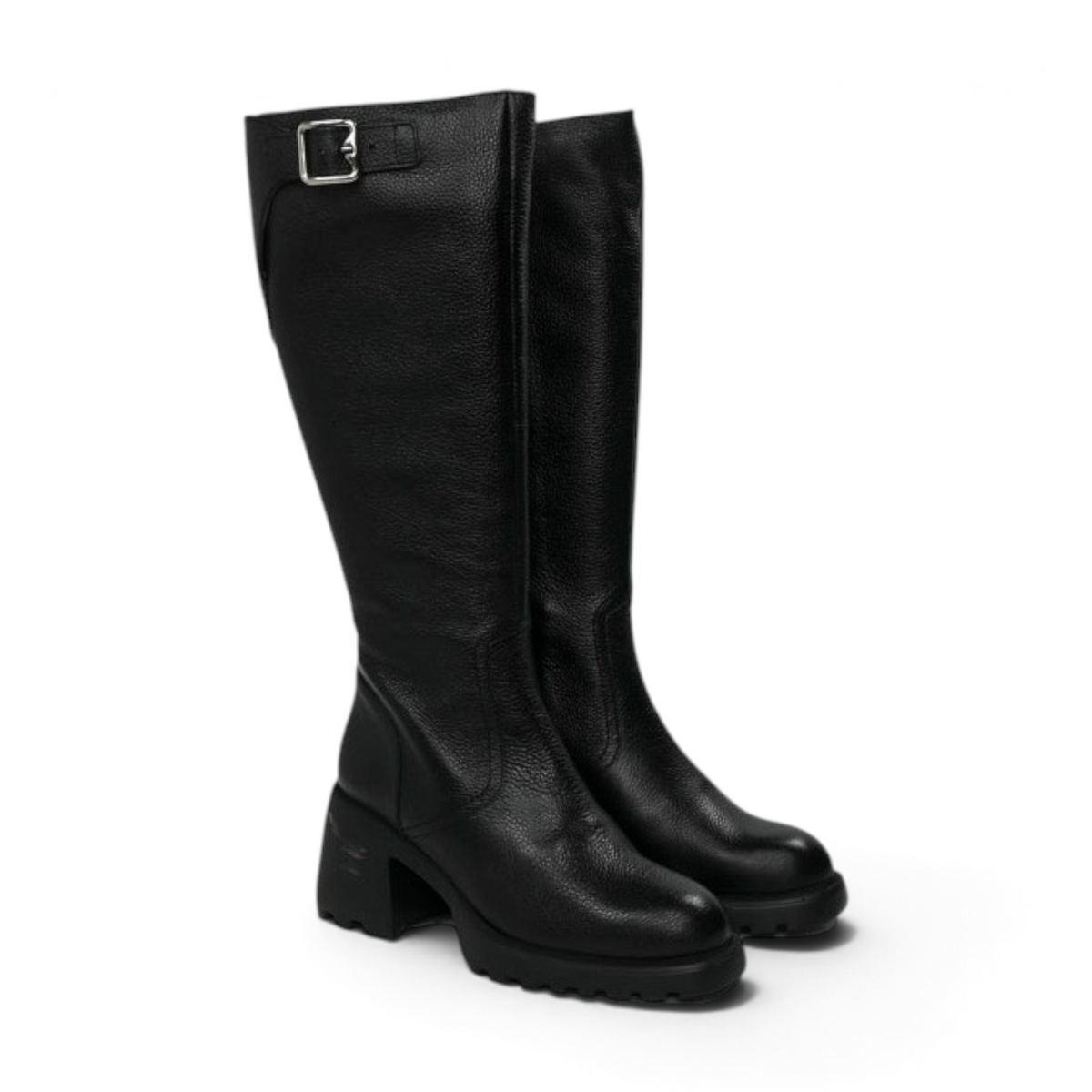 ShoeShop Wonders G-6713 black leather knee-high boots with a side buckle and chunky block heel
