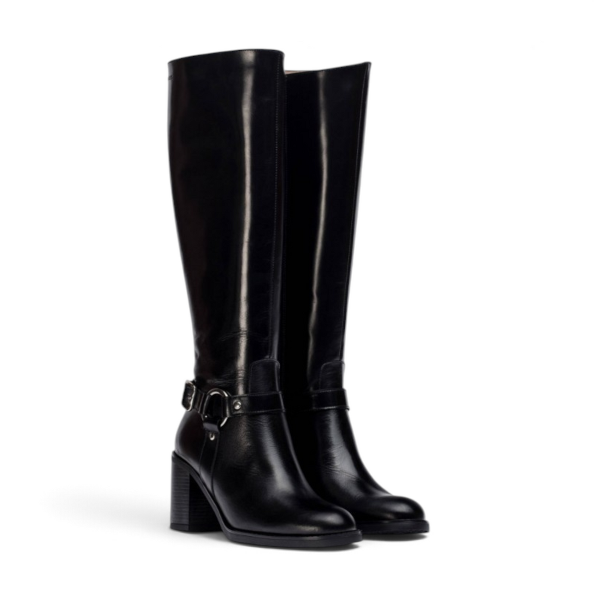 ShoeShop Wonders I-9203 black leather knee-high boots with a block heel and silver buckle strap detail