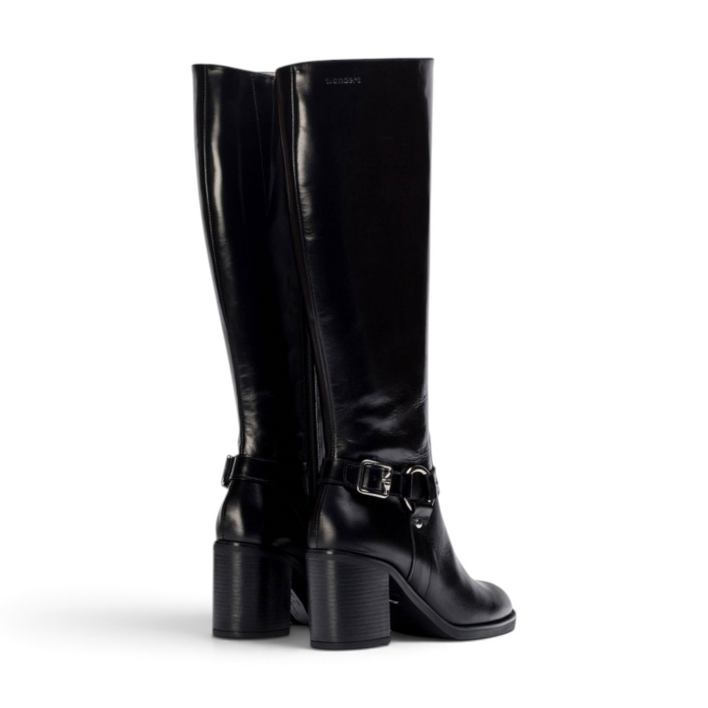 ShoeShop Wonders I-9203 black leather knee-high boots with a block heel and decorative buckle strap detail
