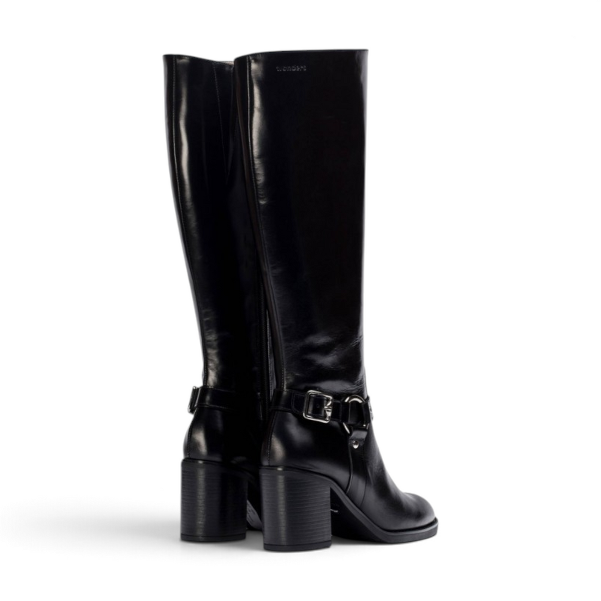 ShoeShop Wonders I-9203 black leather knee-high boots with a block heel and decorative buckle strap detail