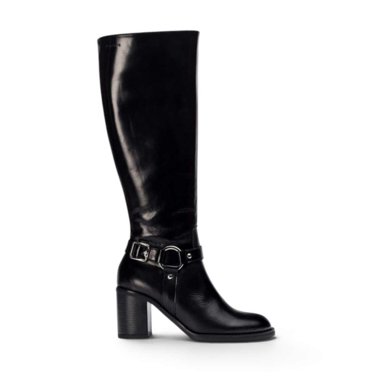 ShoeShop Wonders I-9203 black leather knee-high boots with a block heel and decorative buckle strap detail.