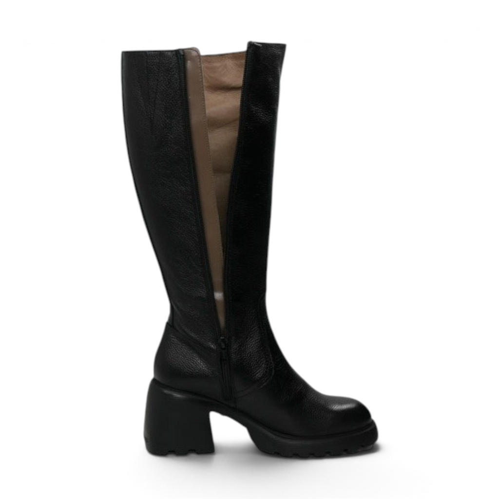 ShoeShop Wonders G-6713 black leather knee-high boots with a chunky block heel and side zipper detail