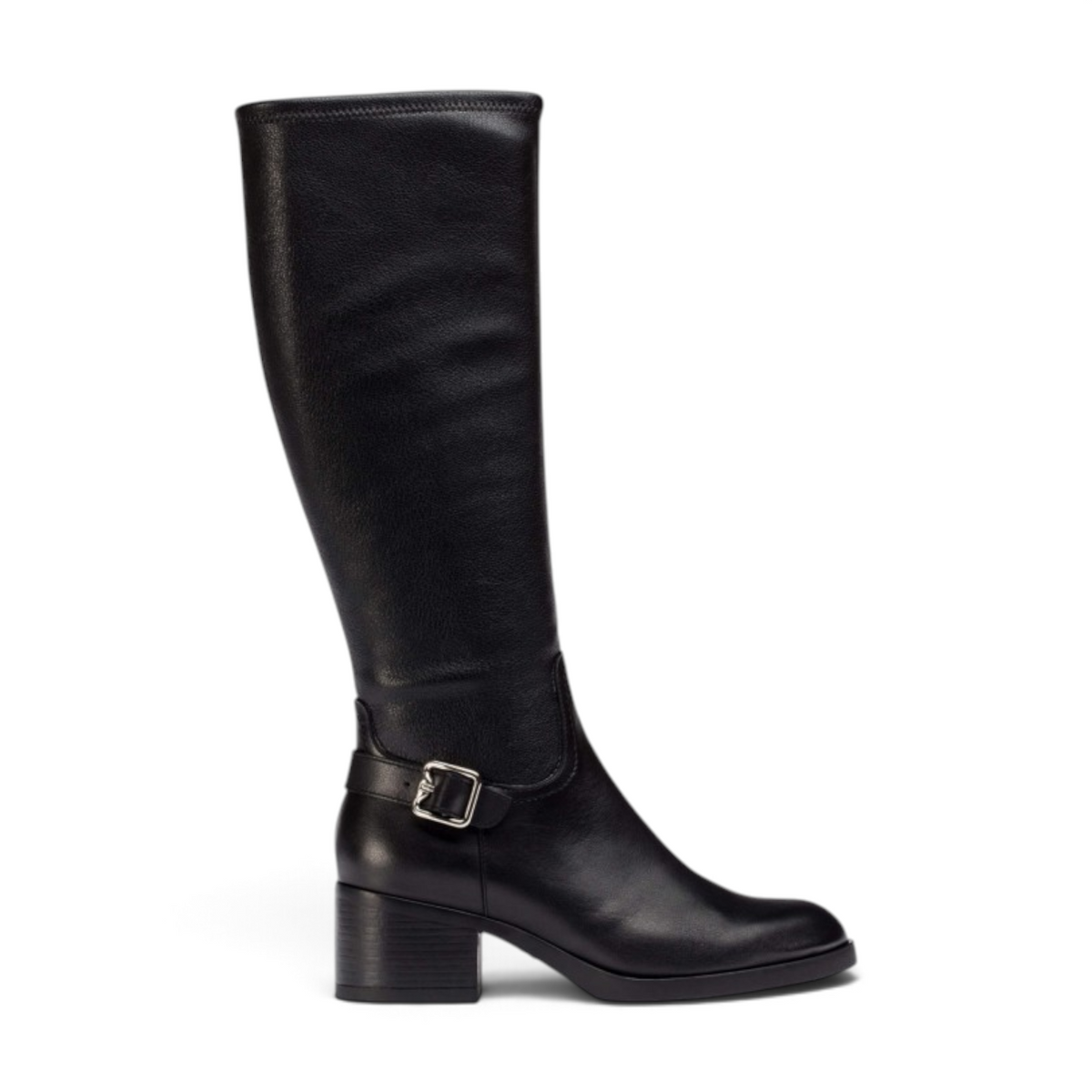 ShoeShop Wonders G-6242 black leather knee-high boots with a side buckle and block heel