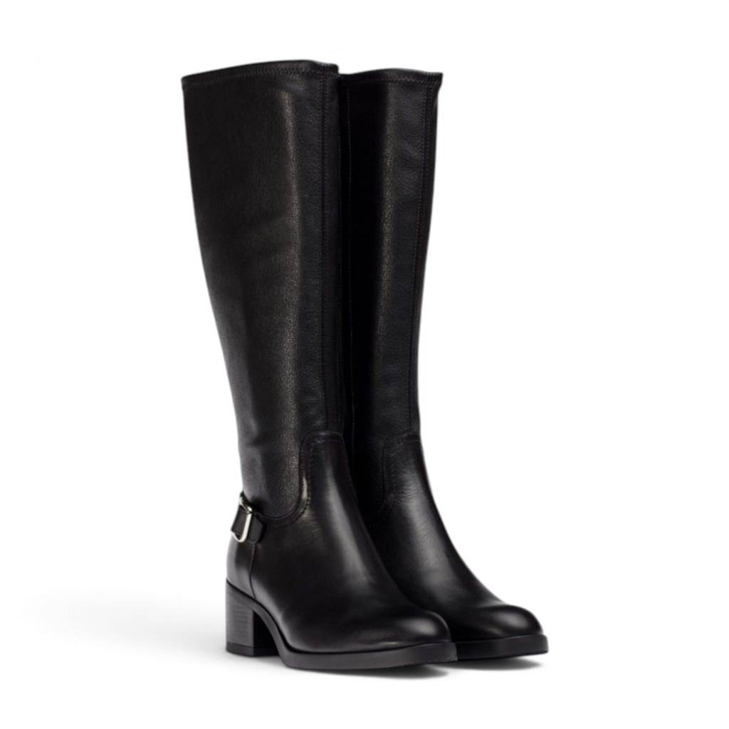 ShoeShop Wonders G-6242 black leather knee-high boots with a block heel and side buckle detail